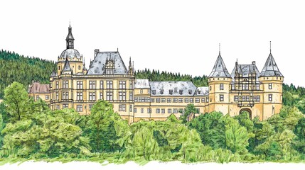 Detailed illustration of a stately castle nestled within a lush forest.