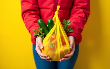 Yellow string bag with cucumbers, tomatoes, bananas and herbs in hands of girl in blue jeans, red jacket. Bright photo in red, yellow and green tones. Sustainability, zero waste, plastic free concept.