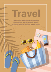Beach bag, flip-flops, sunscreen, sunglasses and an inflatable swimming ring on a sandy beach. Travel concept