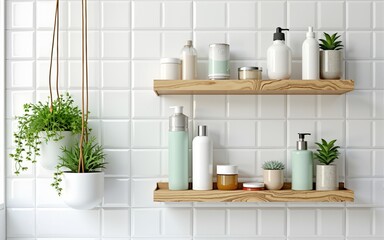 Wooden shelves with cosmetics and toiletries against white tile wall with biophilic and eco friendly design. Hanging glass pots with green plants. High quality