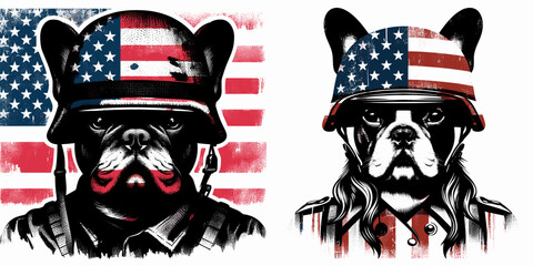 A French Bulldog wear american flag print soldier helmet. Vintage Grunge Independence Day 4th of July Patriotic Usa America Retro Clipart. Canine in army headgear stars and stripes design.
