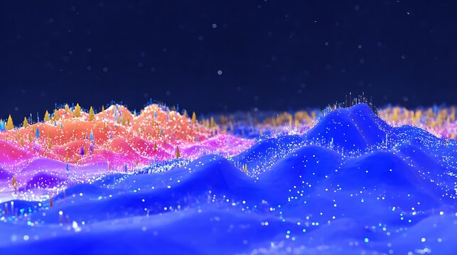 Colorful, textured landscape of mountains with glowing details.