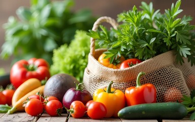 Fresh organic fruits and vegetables in mesh textile bag. High quality
