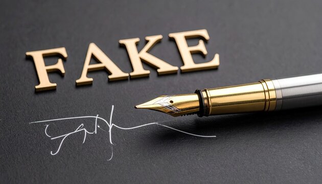 Fake signature, pen on dark surface