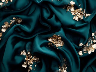 Elegant Teal Silk Fabric with Gold Accents Texture