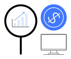 Magnifying glass examining growth chart, dollar sign in blue circle, and computer monitor. Ideal for finance, data analysis, investment, technology, business insights economy modern tools. Simple