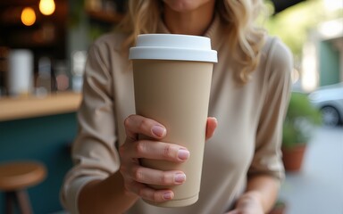 Closeup hand of a woman holding a reusable insulated stainless steel tumbler to show awareness of 'Say No to single use plastic’ and ‘Zero Waste’ in outdoor area of cafe. High quality