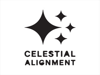 Black and white graphic logo with four starbursts and the words celestial alignment