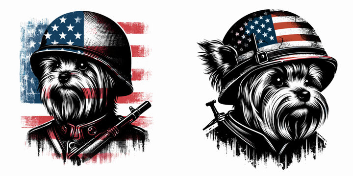 A Yorkshire Terrier Dog wear american flag print soldier helmet. Vintage Grunge Independence Day 4th of July Patriotic Usa America Retro Clipart. Tiny yorkie canine in military headgear. - Powered by Adobe