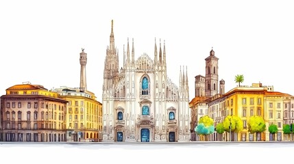 Obraz premium Colorful illustration of milan's skyline, showcasing architectural details.