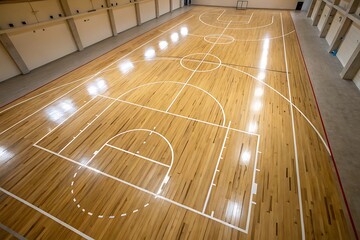 Polished wooden basketball court with white markings and overhead lighting indoor