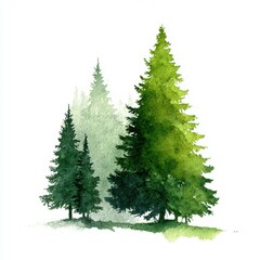 Beautiful watercolor depiction of evergreen trees in varying shades of green showcasing nature's tranquility