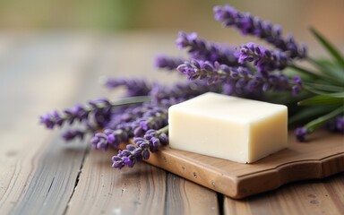 Organic lavender soap on wooden background. Eco natural bathroom accessories, natural cosmetics products and tools. Zero waste concept. Plastic free. High quality