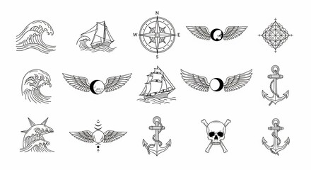 Fototapeta premium Nautical & Celestial Tattoo Flash Sheet: Waves, Ships, Anchors, Wings, and Skull Designs