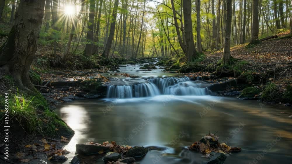 Poster Serene Forest Stream with Waterfall - A tranquil stream flows through a lush green forest, cascading gently over mossy rocks to create a small waterfall.