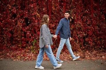 Young Cute Female Hugs Boyfriend. In Autumn Outdoor. Lovers Walking in Park. Attractive Funny Couple. Lovestory in Forest. Man and Woman. Cute Lovers in the Park. Family Concept. Happy Couple.