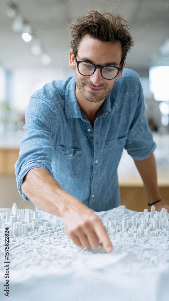 Poster architect pointing at a detailed scale model of a city, planning and strategizing for an urban devel