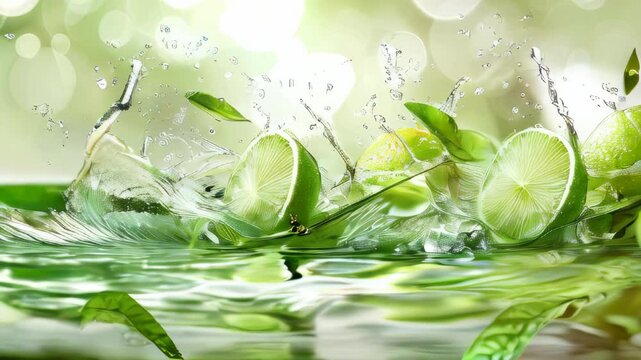 video of A lime slice, accompanied by leaves and a splash of green juice. Vector backdrop with 3D water waves, citrus segments, ice cubes, and mint leaves in motion