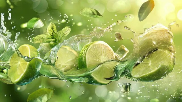 video of A lime slice, accompanied by leaves and a splash of green juice. Vector backdrop with 3D water waves, citrus segments, ice cubes, and mint leaves in motion