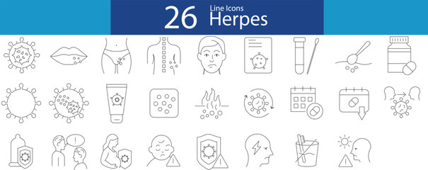 Herpes virus line icon set. Vector pictograms of genital, oral, lips, rash, swab, test, diagnosis, pill, medicine, cream, protection, condom, hygiene, sunlight, awareness, thin linear illustration