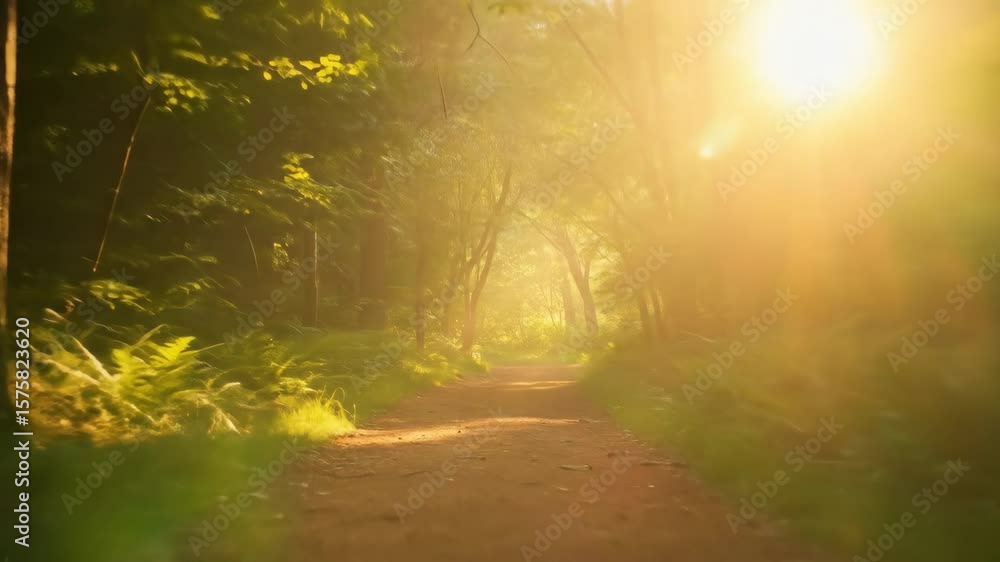Poster Sunbeams Illuminating Forest Path - A sun-drenched path winds through a lush green forest, with sunbeams streaming through the trees creating a magical, ethereal atmosphere.