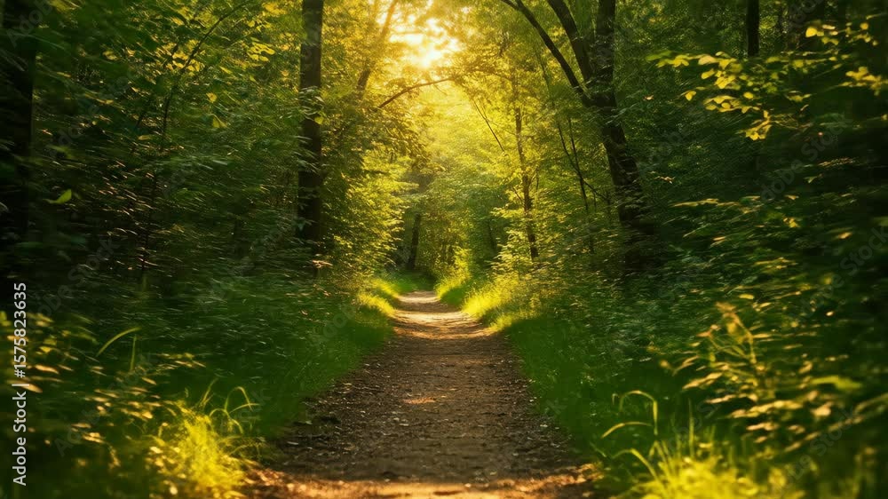 Poster Sunlit Forest Path - A sun-dappled path winds through a lush green forest, sunlight streaming through the trees creating a magical, serene atmosphere.