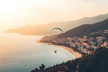 Obraz premium Soaring Above a Coastal Town at Sunset Enjoying the Scenic View