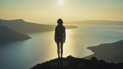 Woman Overlooking Vast Landscape: Sunset Lake View & Solo Adventure