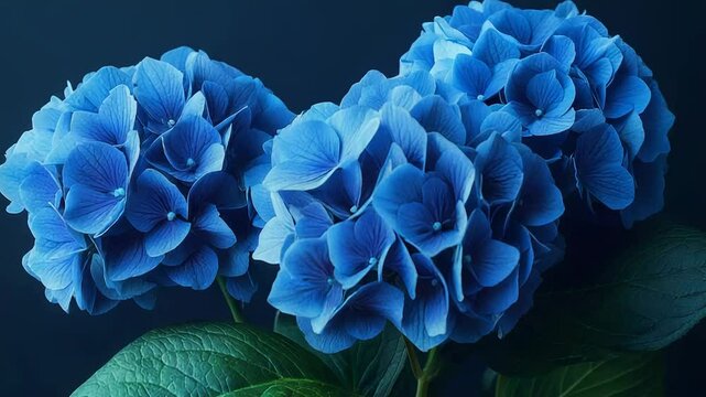 Vibrant blue hydrangeas blooming in the twilight with sparkling bokeh background