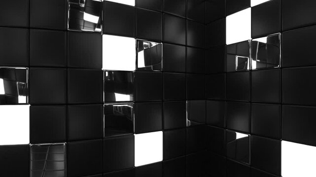 Stylized 360° panoramic video of a rotating black interior. Matte and glossy cube tiles line the space, with scattered glowing squares adding depth and rhythm. Ideal for virtual reality or motion back