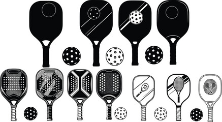 Set of various pickleball paddles and perforated balls, different designs and styles, isolated on white background, sports equipment collection, active game gear