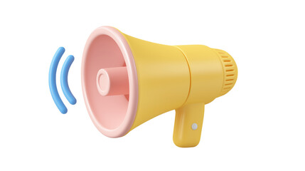  3D render yellow megaphone with pink interior broadcasting sound waves isolated on white background