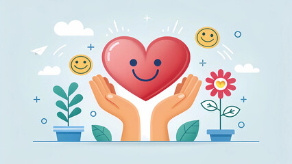 Heart hands vector illustration happy smiling face love care support kindness wellbeing charity donation