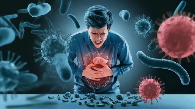 Man suffering from stomach pain due to viral infection or bacterial disease in human intestine animation footage.