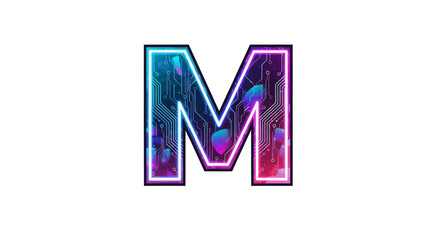 Vector letter m logo design with neon glowing effect and circuit board pattern for technology company branding