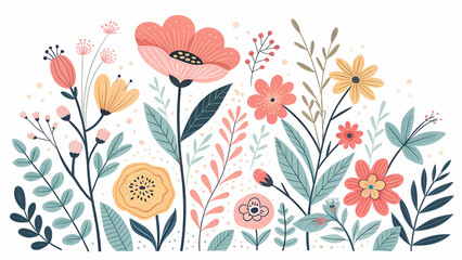 Floral vector illustration with pastel flowers and leaves for spring background design element art