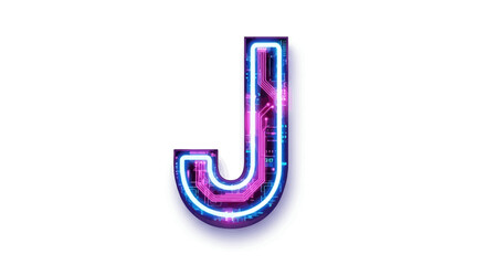 Vector letter j neon light alphabet font technology circuit board digital futuristic glowing design illustration