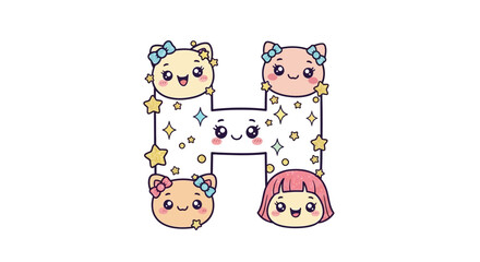 Vector cute kawaii letter h alphabet with cats and stars for kids learning and educational resources vector art