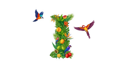 Vector letter i tropical birds and fruits illustration, jungle letter i design, exotic birds and fruits art