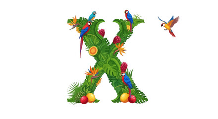 Vector letter x tropical alphabet with parrots and exotic flowers vector illustration for graphic design project