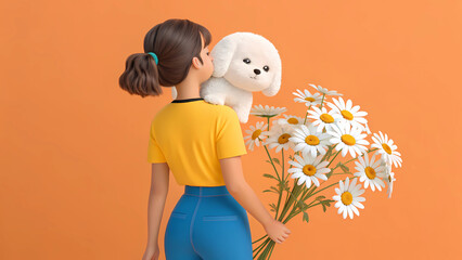 Cartoon girl with dog and daisy flowers illustration art style digital rendering orange background cute design