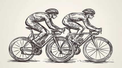 Two cyclists in motion, depicted in a detailed line drawing.