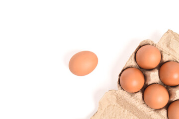 Eggs in paper tray isolated on white background. Top view