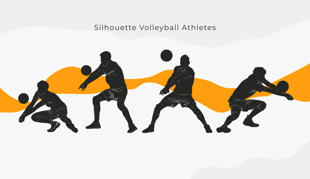 Silhouette of volleyball athletes in various action poses with dynamic orange wave on a clean white background. Ideal for sports-themed illustrations, posters, or team designs. - Powered by Adobe