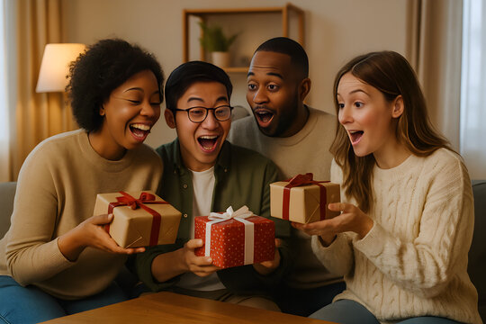 Diverse group of friends exchanging gift boxes and celebrating together indoors with excitement