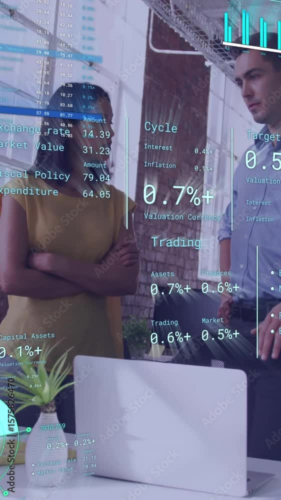 Poster animation of diagrams and data processing over diverse colleagues discussing work in office