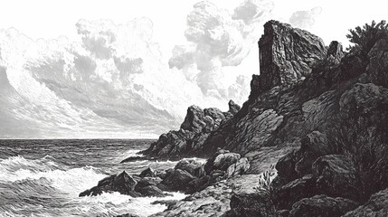 Dramatic coastal scene with tumultuous sky and rocky shore.