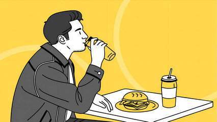Illustration of man enjoying burger meal with drink at restaurant fast food lunch break concept