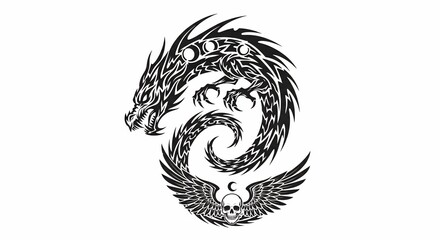 Obraz premium Tribal Dragon Tattoo Design with Skull and Wings, Black and White.
