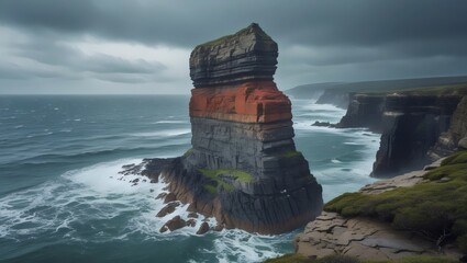 Dramatic Sea Stack & Rugged Coastline: Ocean Cliffs Under Stormy Sky